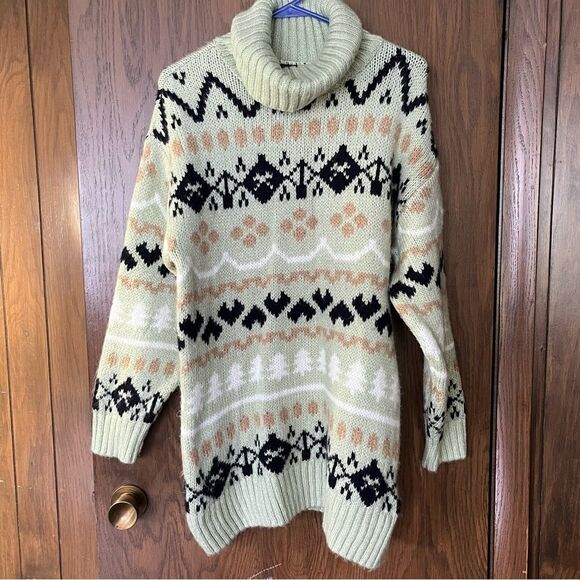 Anthropologie Fair Isle Mint Green Turtleneck Nordic Pattern Tunic Sweater - Picture 1 of 10